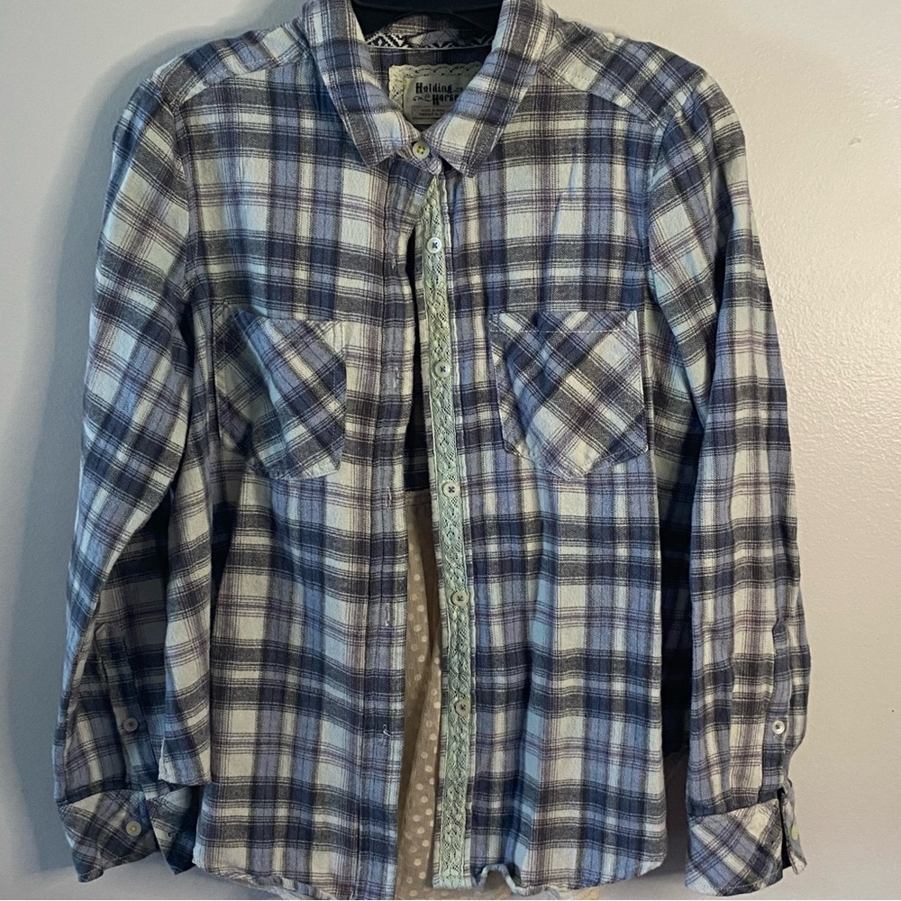 Holding Horses Anthropologie Shirt Small Blue Plaid Button Up Flannel Sheer Hem